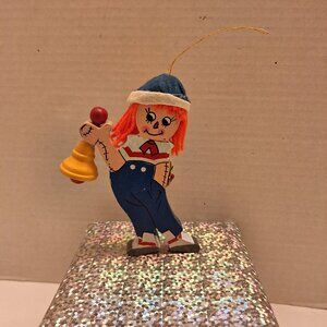 Vintage 1984 Kurt S. Adler Wooden Raggedy Anne & Andy Bell Ringer Ornament